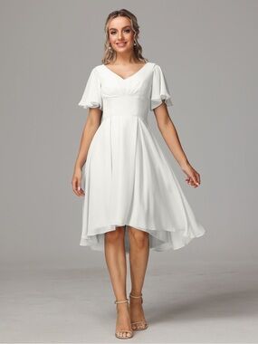 Ivory V-Neck Dress with Flutter Sleeves
